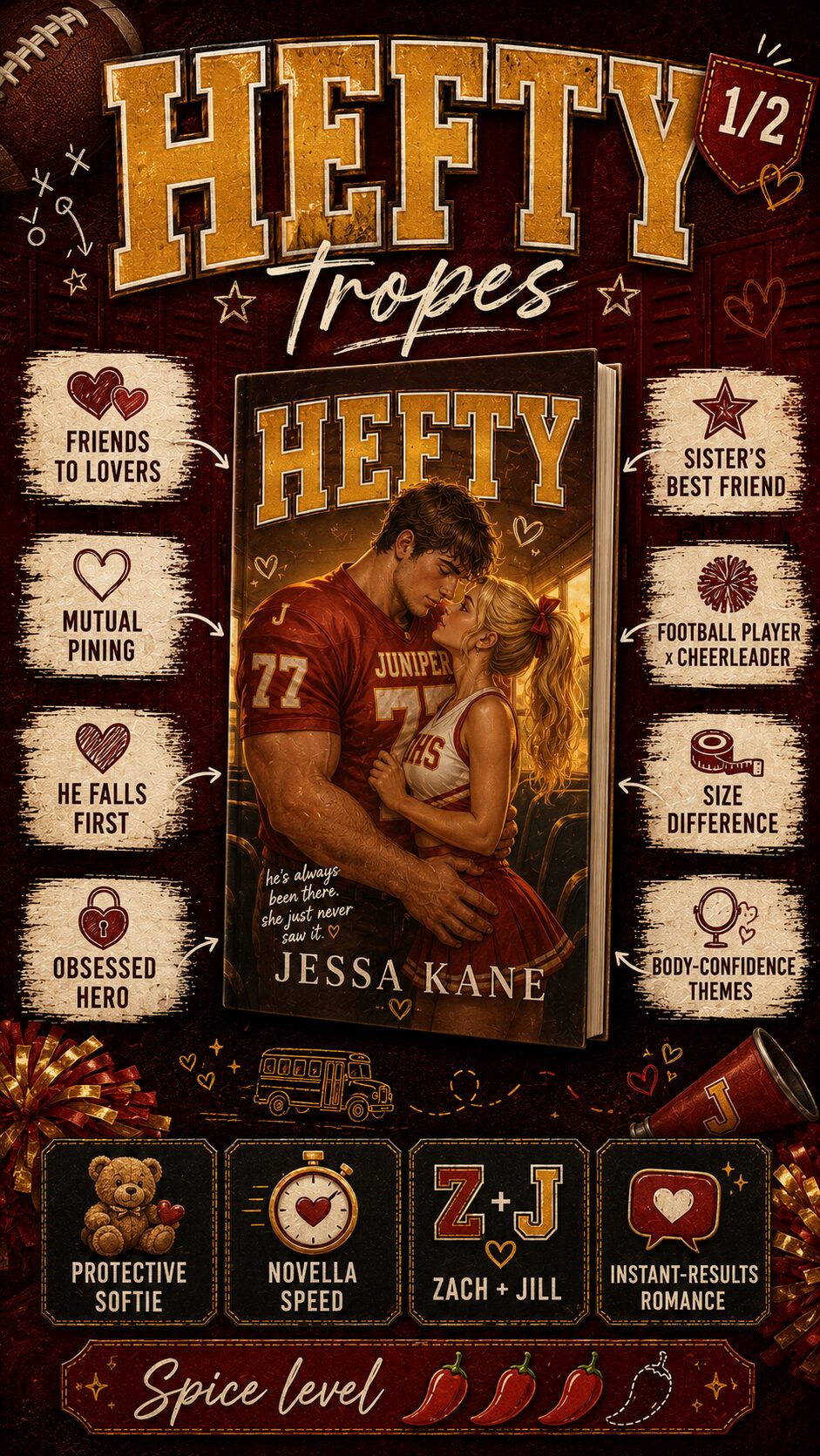 Hefty tropes: friends to lovers, sister's best friend, football player x cheerleader, size difference, mutual pining, he falls first, obsessed hero, body-confidence themes
