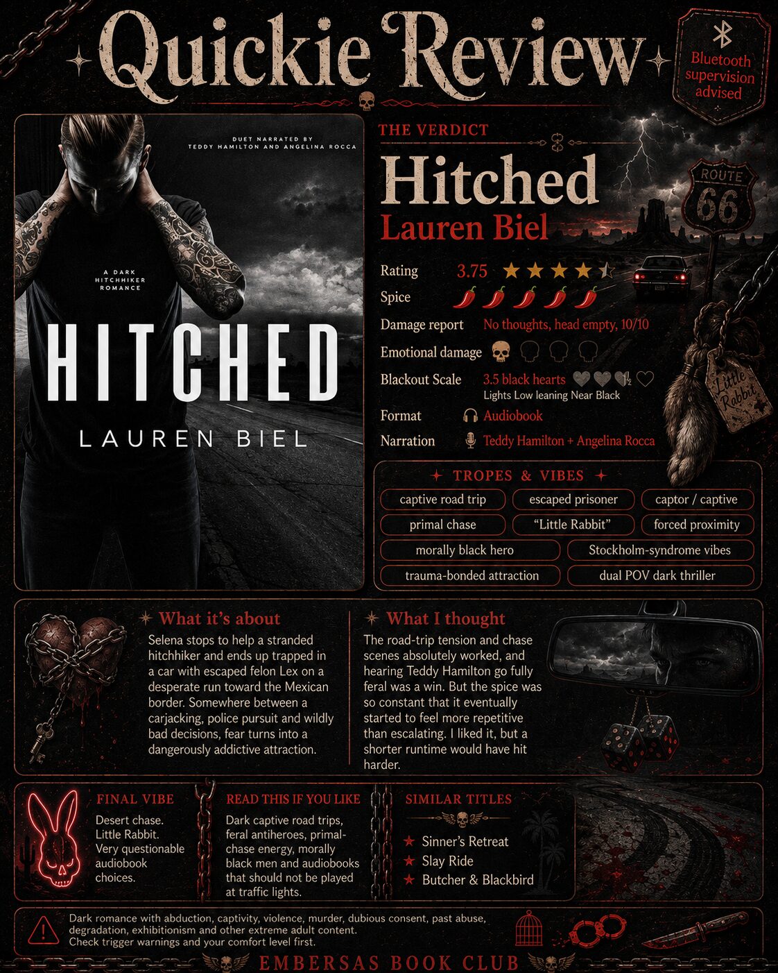Hitched by Lauren Biel Quickie Review card: rating 3.75 stars, spice 5 chillies, Blackout Scale 3.5 black hearts, damage report no thoughts head empty 10/10
