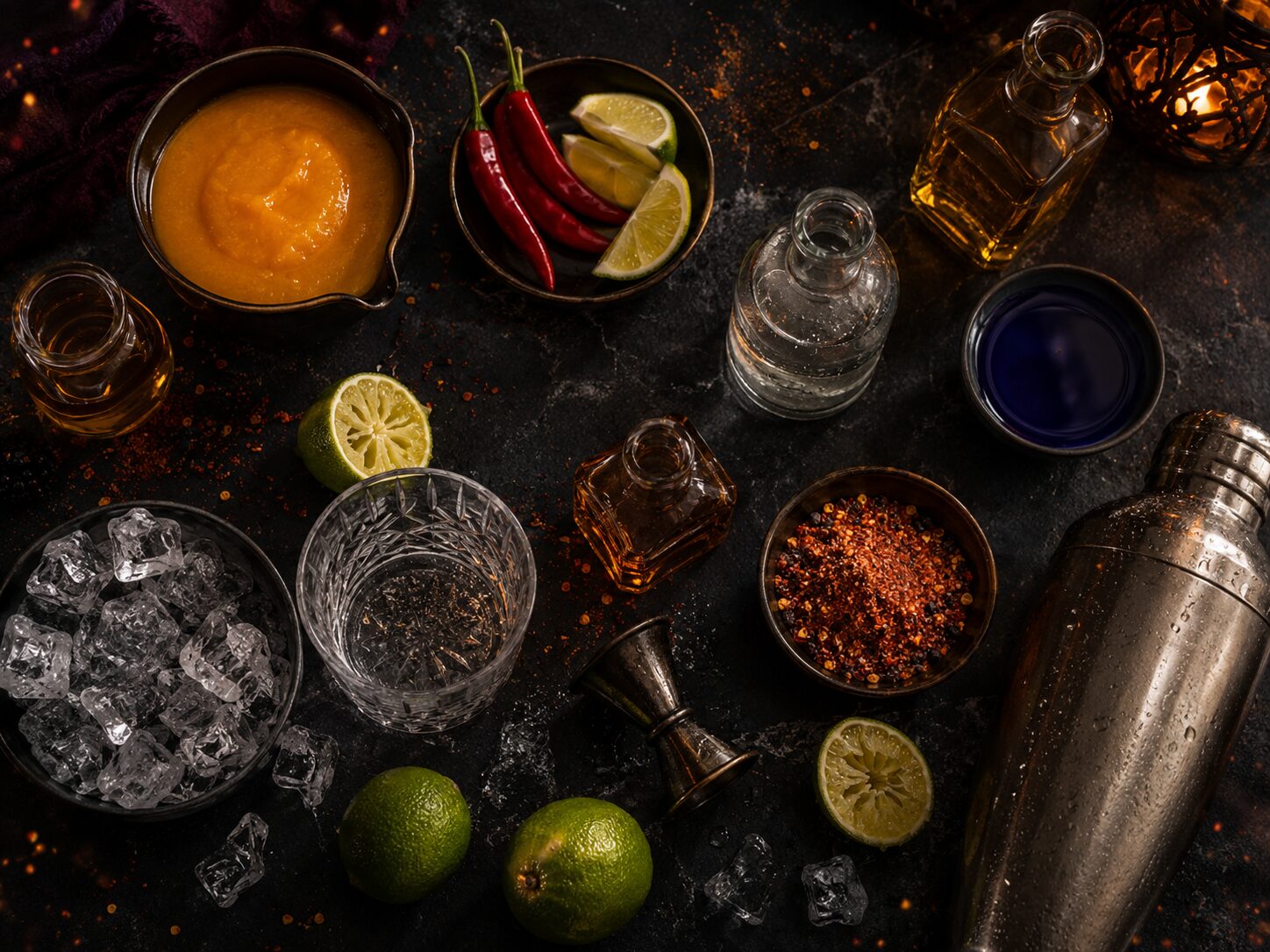 Ingredients for Dragon's Fire Margarita: mango puree, tequila, lime, chilli, chilli salt