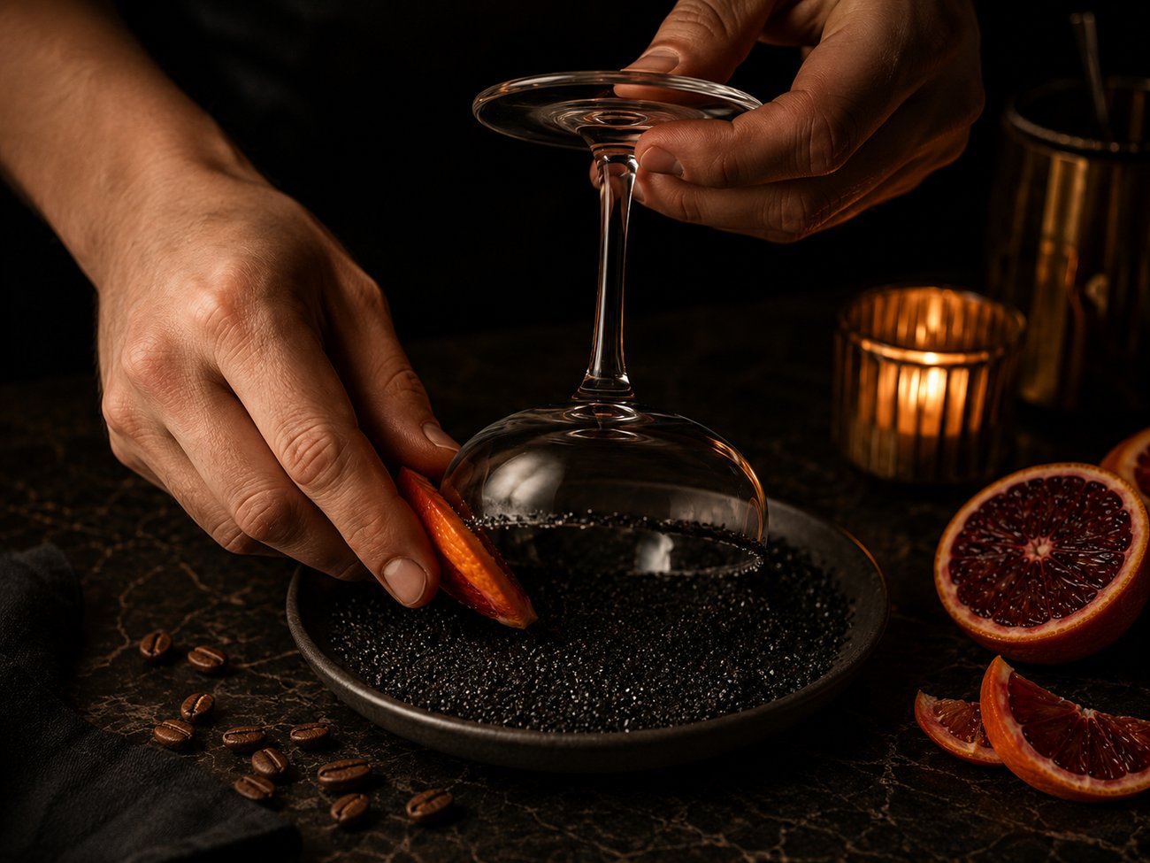 Hands pressing a coupe glass rim into black sugar with a blood orange wedge