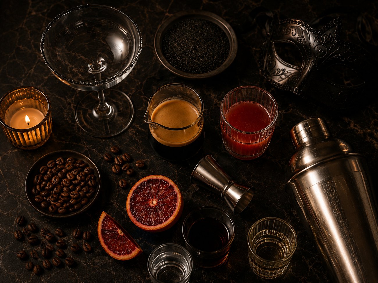 Espresso martini ingredients flat lay: vodka, coffee liqueur, fresh espresso, blood orange juice, black sugar and a cocktail shaker on dark marble