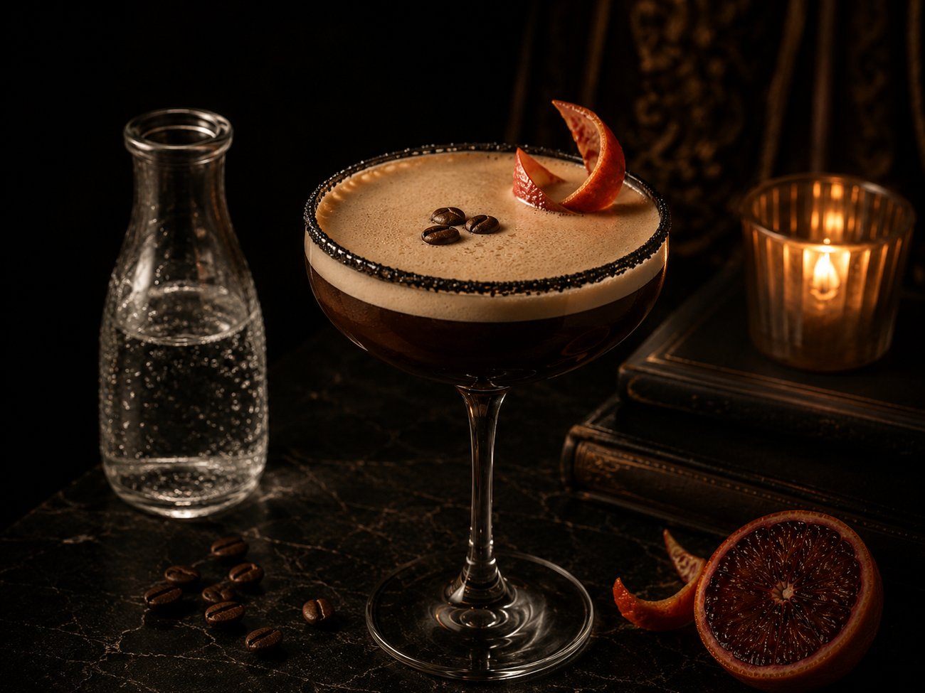 Masked Man espresso martini coupe beside a bottle of soda water, coffee beans and blood orange