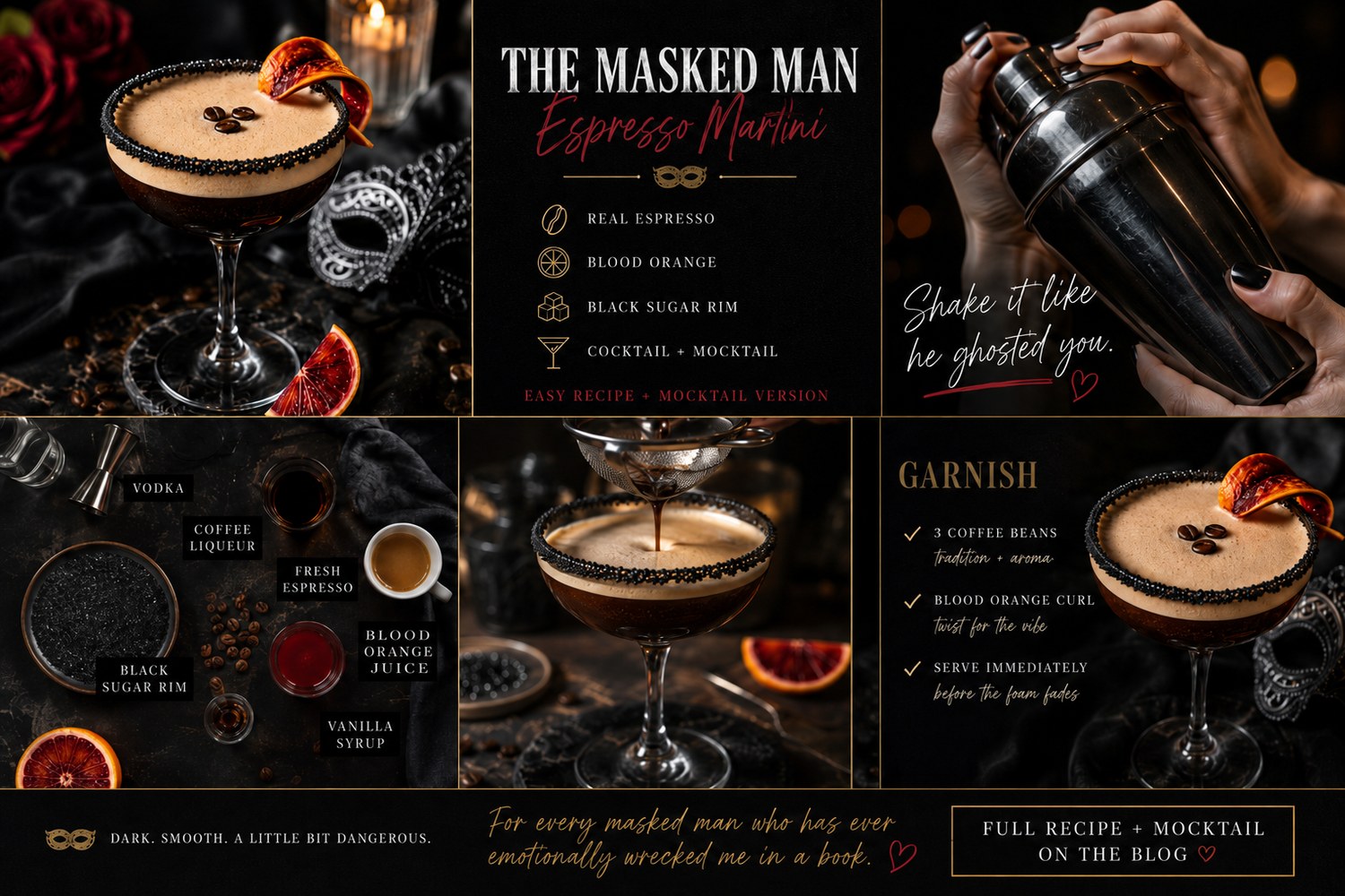 Masked Man espresso martini recipe card showing ingredients, method and garnish for the dark romance espresso martini cocktail and mocktail