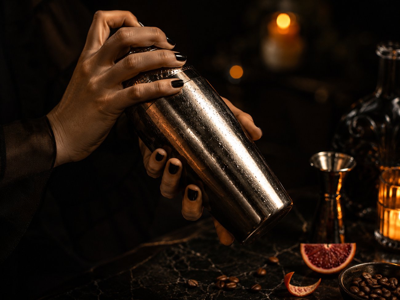 Hands shaking a stainless steel cocktail shaker on a dark marble bench by candlelight