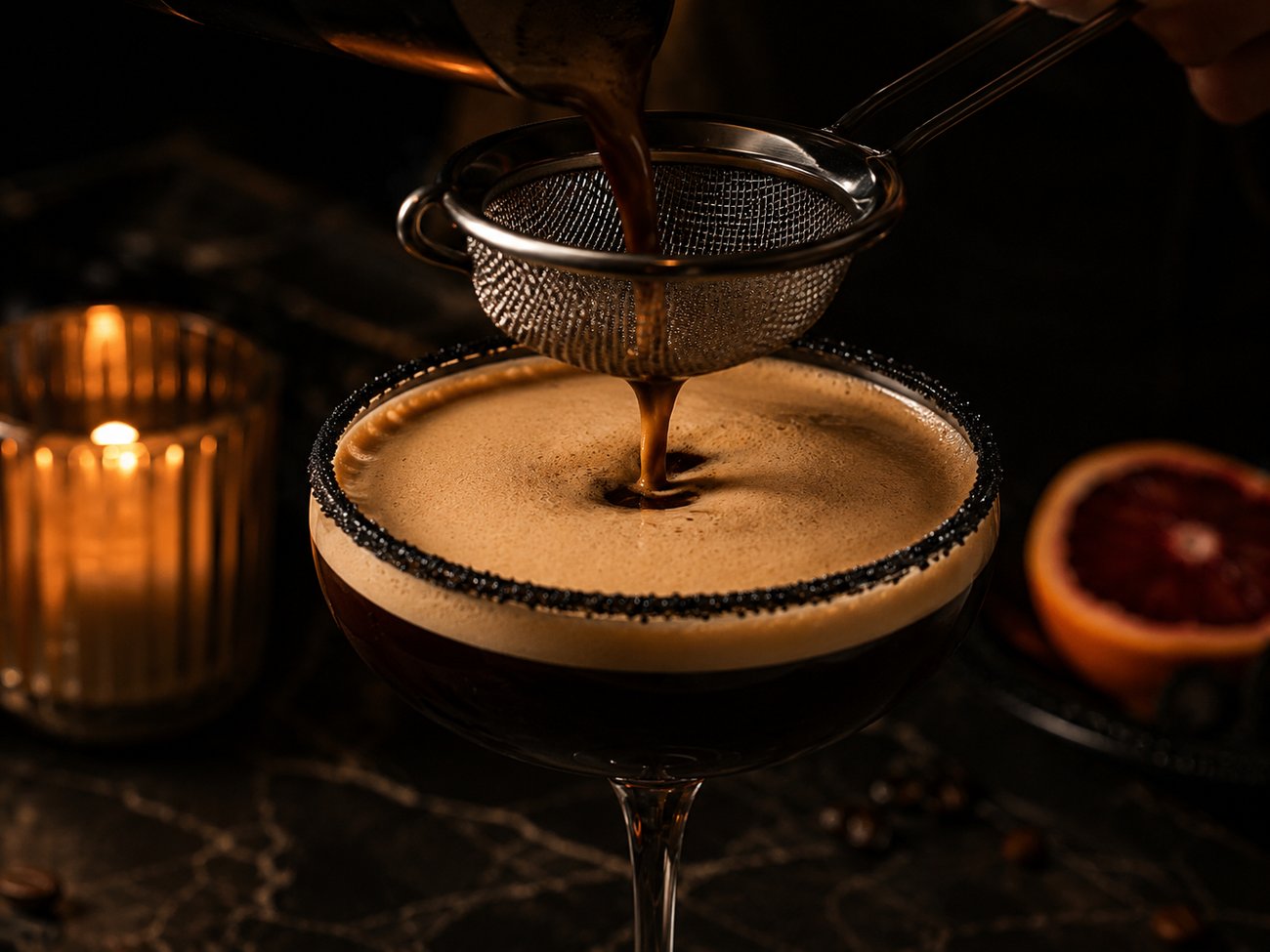 Straining an espresso martini into a black sugar rimmed coupe with a thick pale crema on top