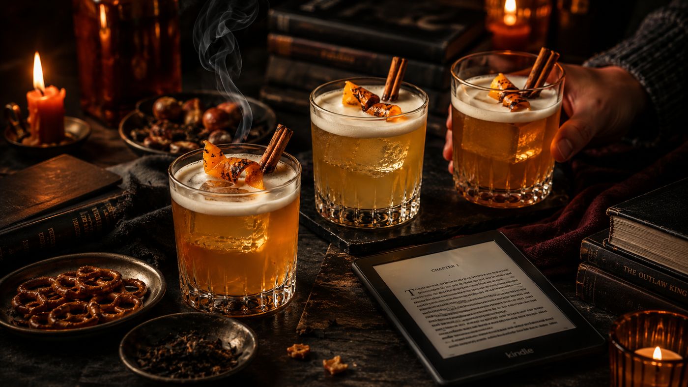Outlaw King whiskey sours served as part of a dark romance reading night spread with pretzel bites and a Kindle