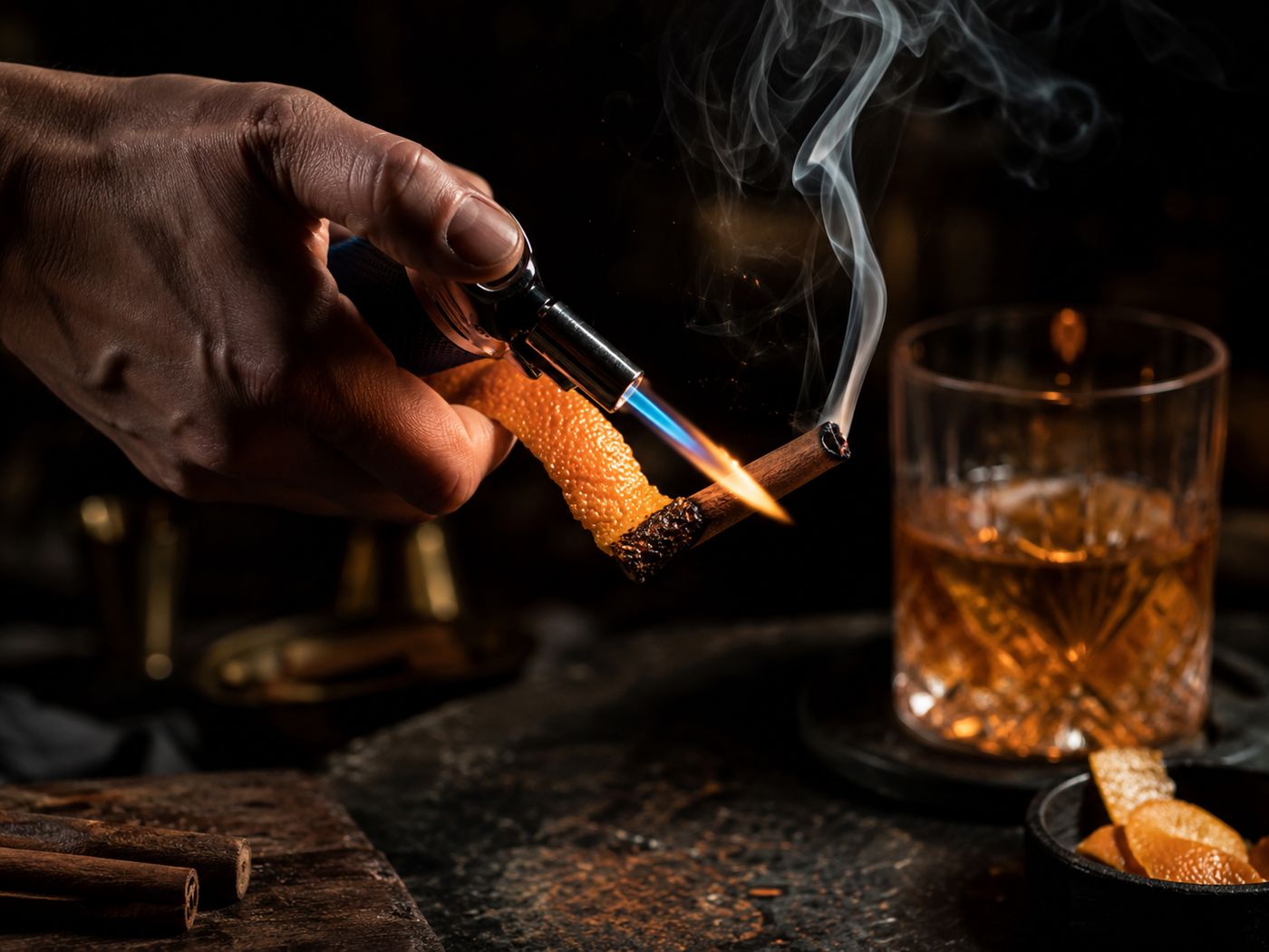 Charring an orange peel and cinnamon stick with a kitchen torch for the Outlaw King whiskey sour