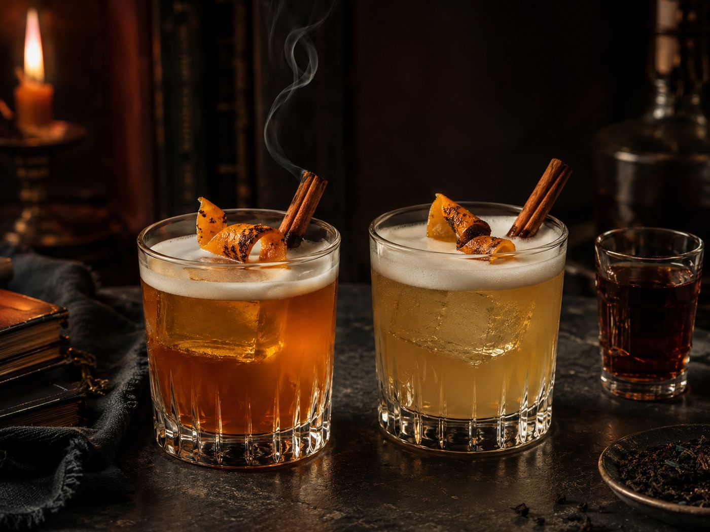 The Outlaw King whiskey sour cocktail and mocktail versions side by side