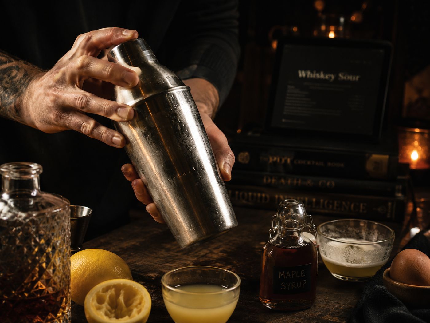 Dry shaking the Outlaw King whiskey sour to build the silky foam