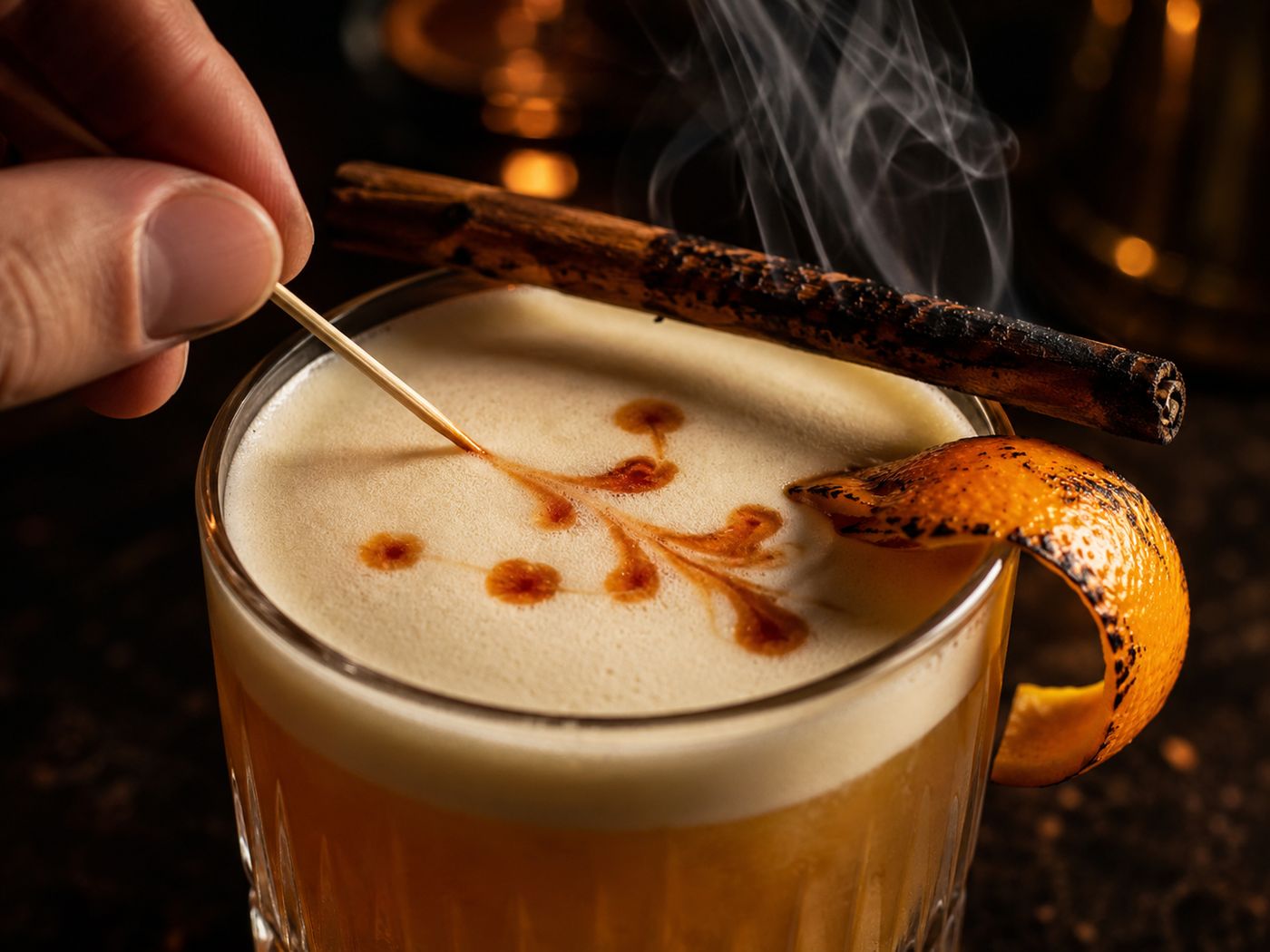 Close up of the Outlaw King whiskey sour foam with a bitters pattern, charred orange twist and smoking cinnamon stick