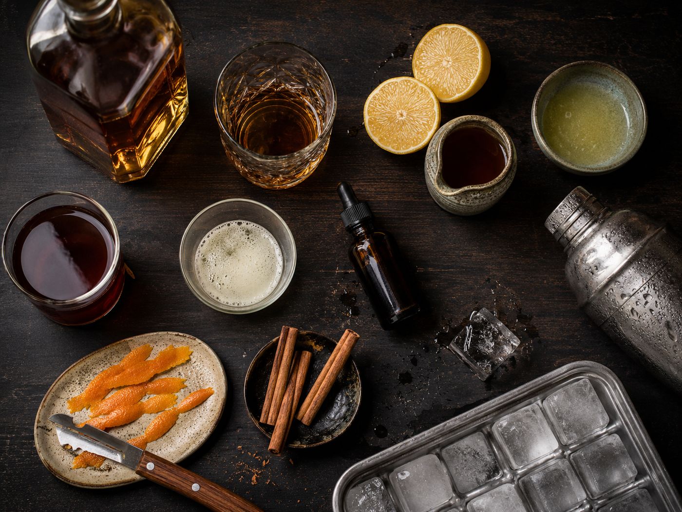 Ingredients for the Outlaw King whiskey sour and mocktail, bourbon, lemon, maple syrup, egg white, aquafaba, cinnamon and orange peel