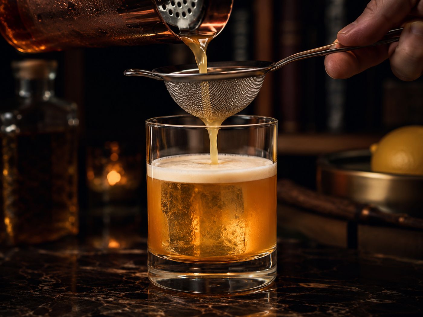 Straining the Outlaw King whiskey sour into a rocks glass over one large ice cube