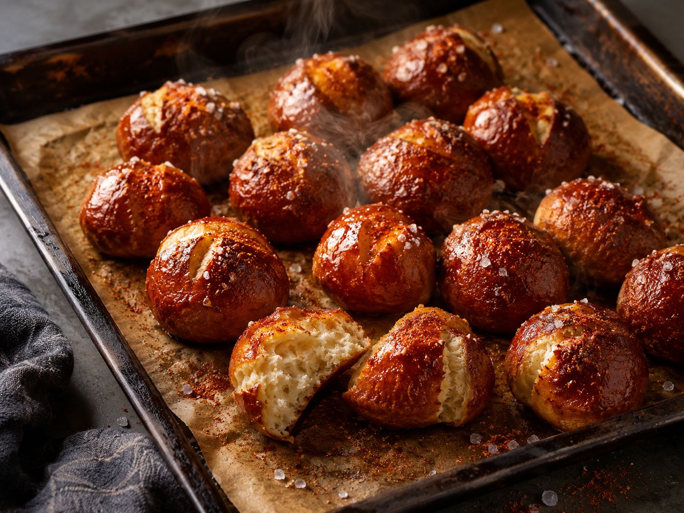 A tray of freshly baked smoky roadhouse pretzel bites, deep golden with salt and smoked paprika