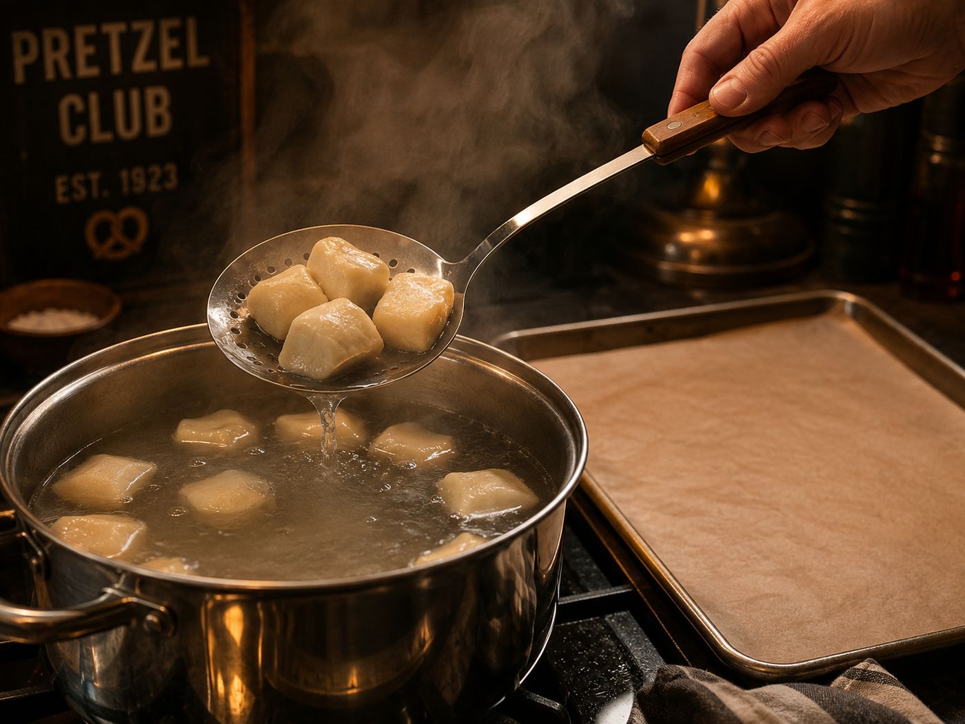 Lifting pretzel bites out of a baking soda water bath with a slotted spoon