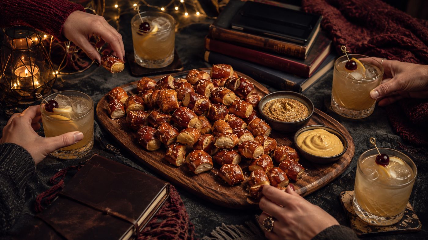 Friends reaching for smoky roadhouse pretzel bites and Outlaw King whiskey sours at book club