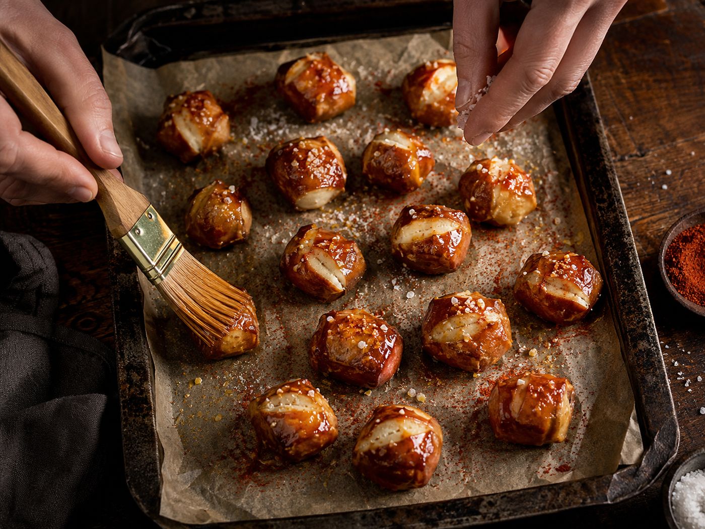 Brushing pretzel bites with egg wash and sprinkling with salt and smoked paprika before baking