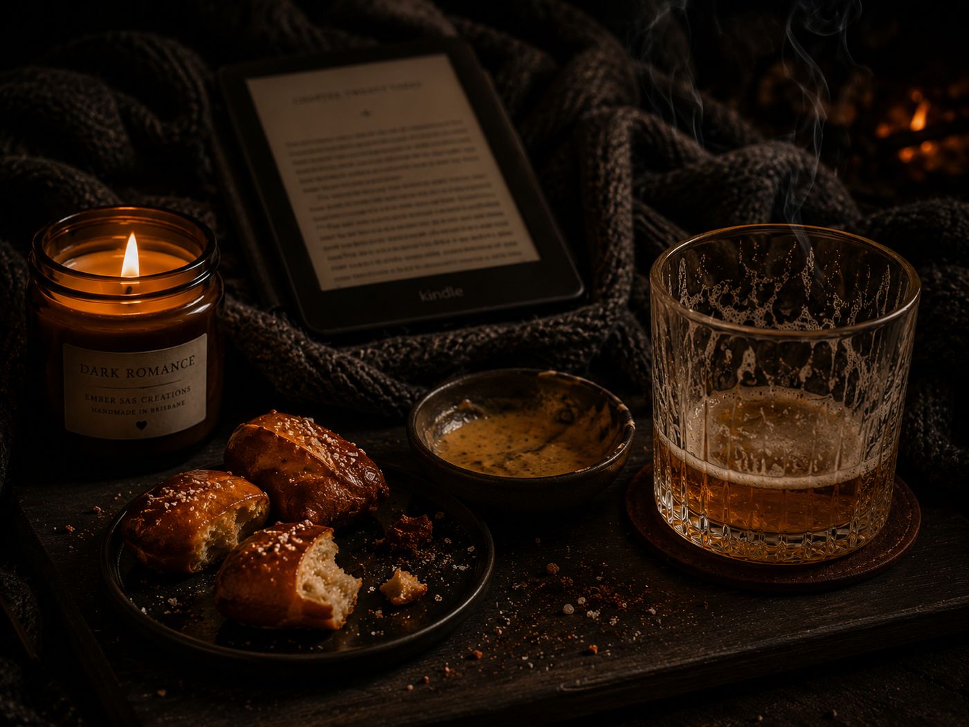 A plate of leftover pretzel bites beside a whiskey glass, Kindle and candle at the end of a reading night