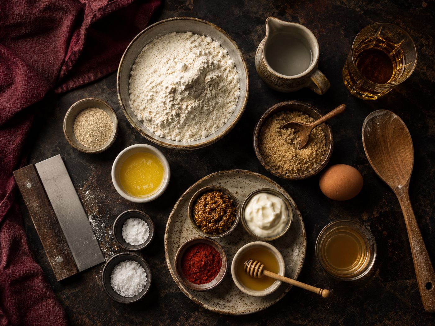 Ingredients for smoky roadhouse pretzel bites and whiskey mustard dip, flour, yeast, butter, mustard, honey, smoked paprika