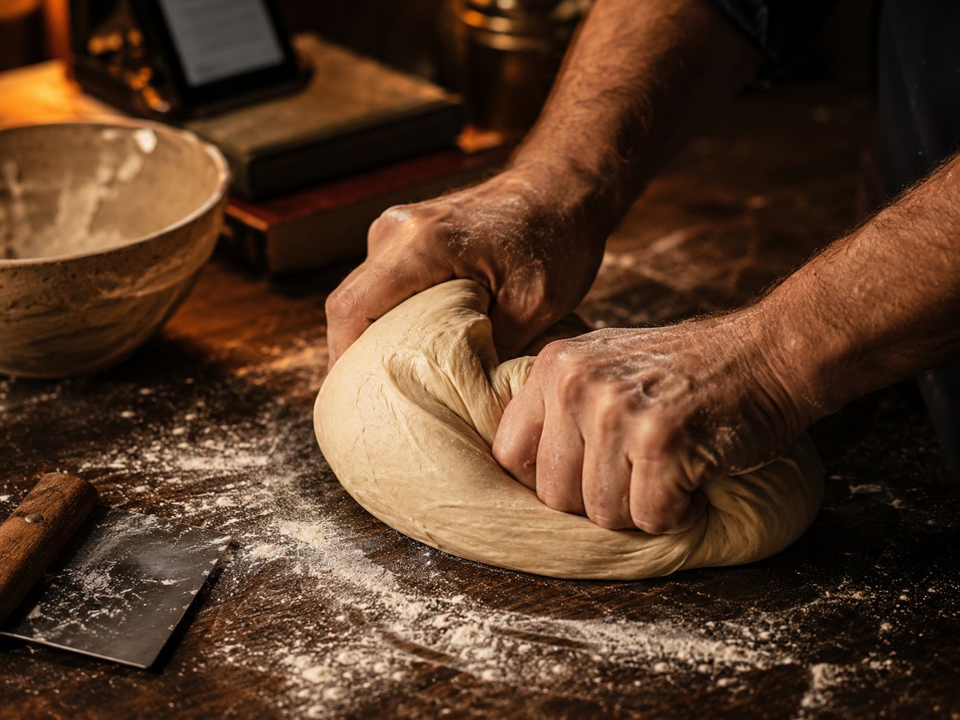 Hands kneading soft pretzel bites dough on a floured wooden bench