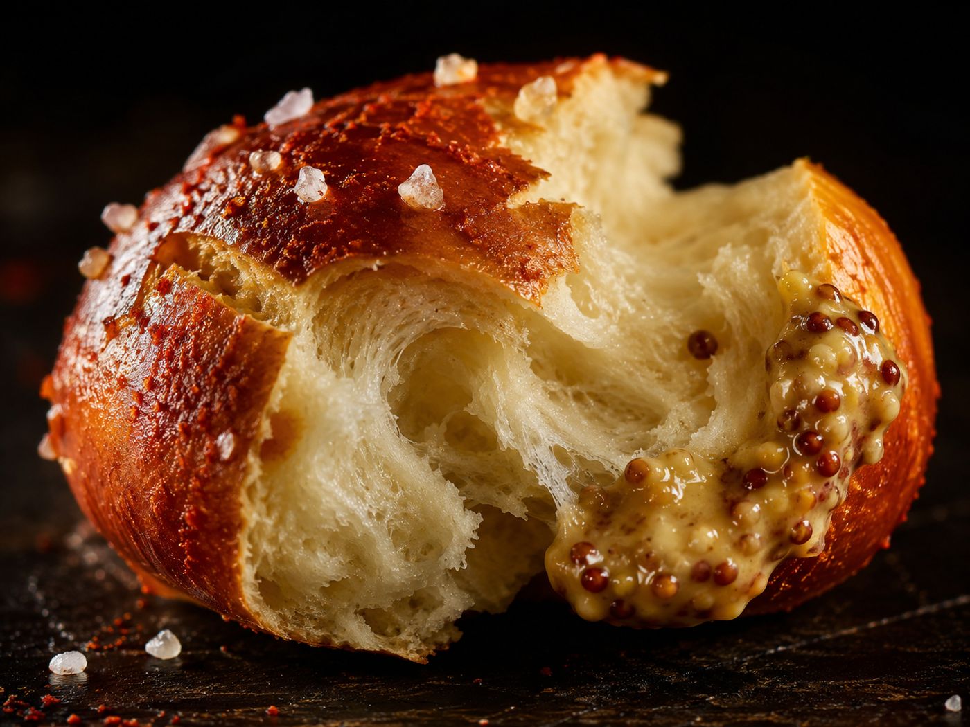 Close up of a torn open pretzel bite dipped in whiskey mustard