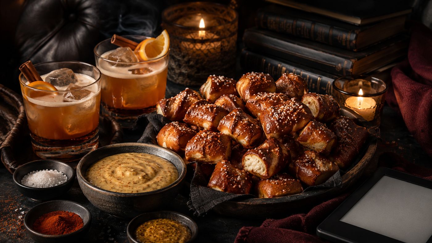 Smoky roadhouse pretzel bites served with two Outlaw King whiskey sours, books and candles