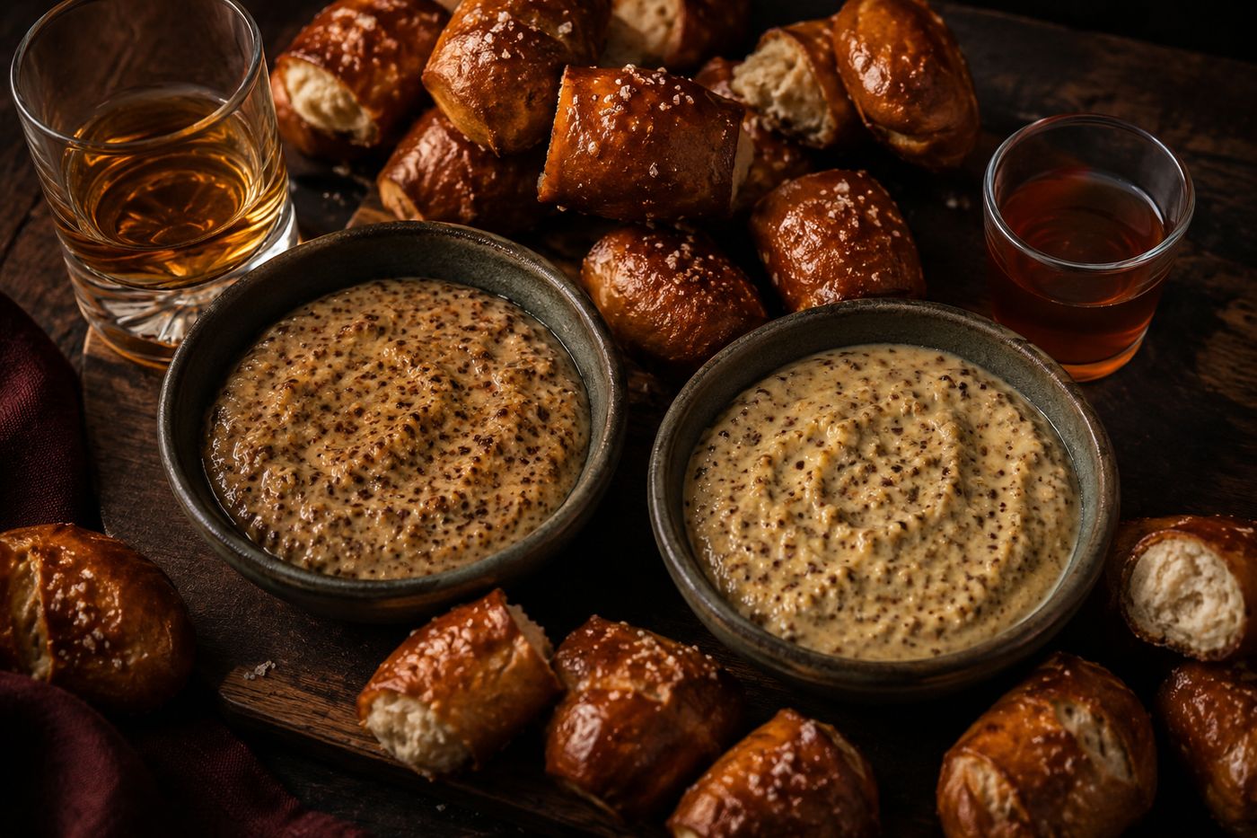 Smoky roadhouse pretzel bites piled beside two bowls of whiskey mustard dip and whiskey glasses