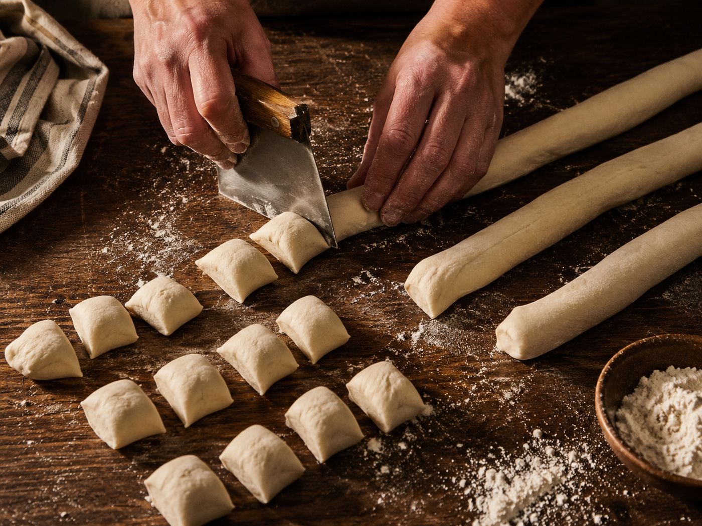 Rolling and cutting pretzel dough ropes into bite sized pieces