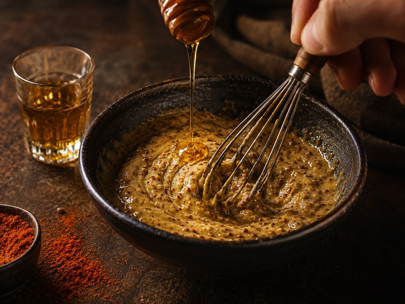 Whisking honey into wholegrain mustard to make the whiskey mustard dip