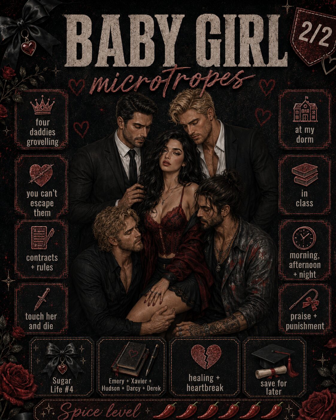 Baby Girl microtropes: four daddies grovelling, you can't escape them, contracts and rules, touch her and die, at my dorm, in class, morning afternoon and night, praise and punishment