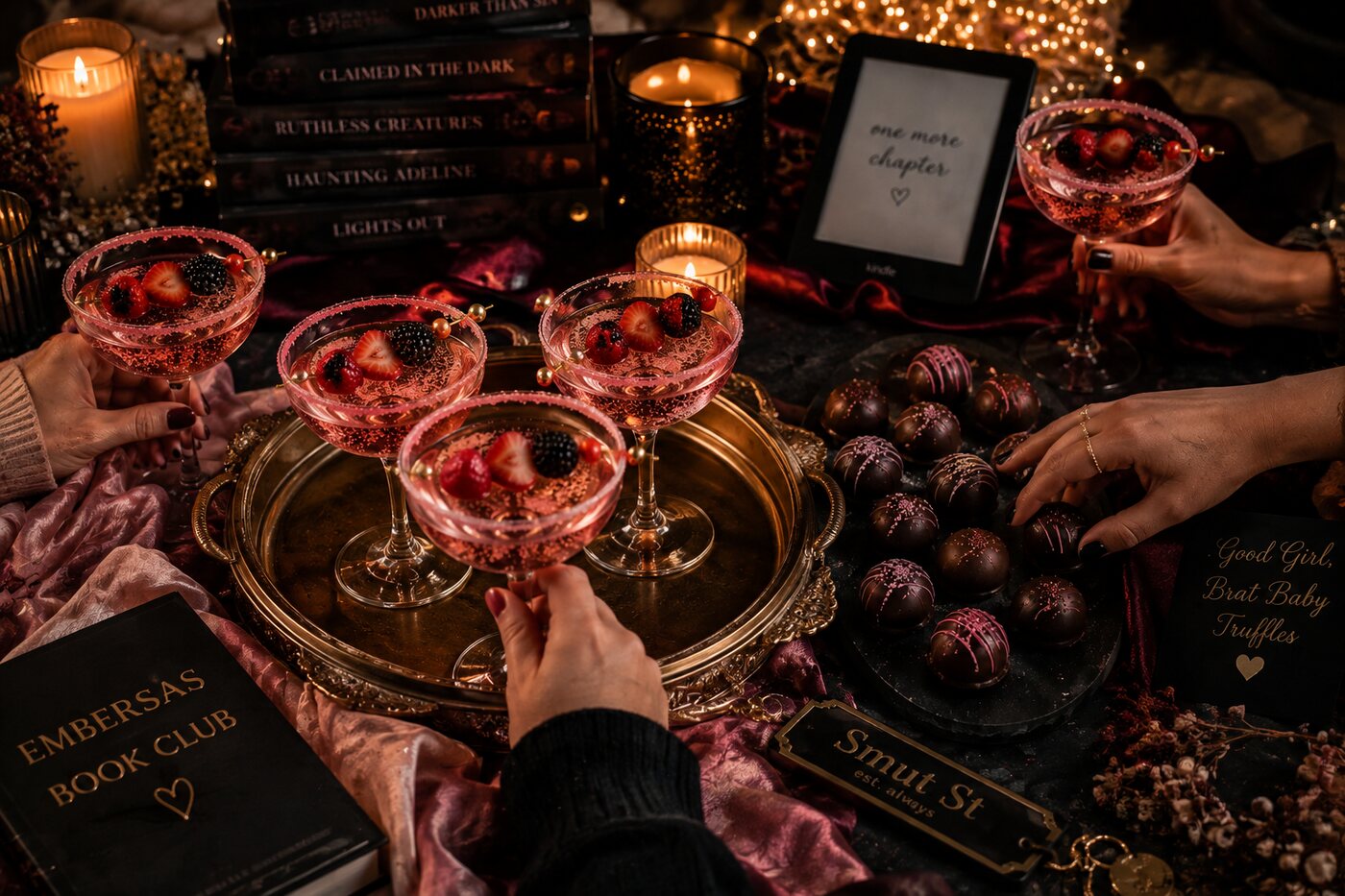 Hands reaching for Sugar Fizz coupes on a gold tray at book club, with truffles and a stack of romance books.
