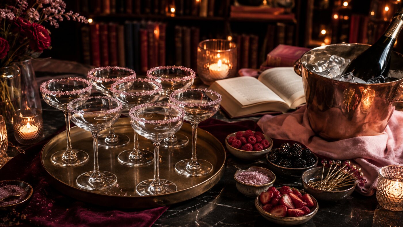 A tray of sugar-rimmed coupes rimmed ahead for book club, with bowls of berries, pink sugar and picks.