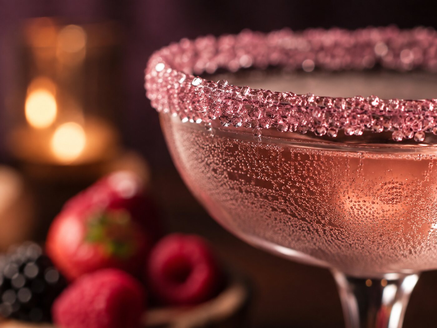 Close-up of the crystallised pink sugar rim on a chilled, frosted coupe.