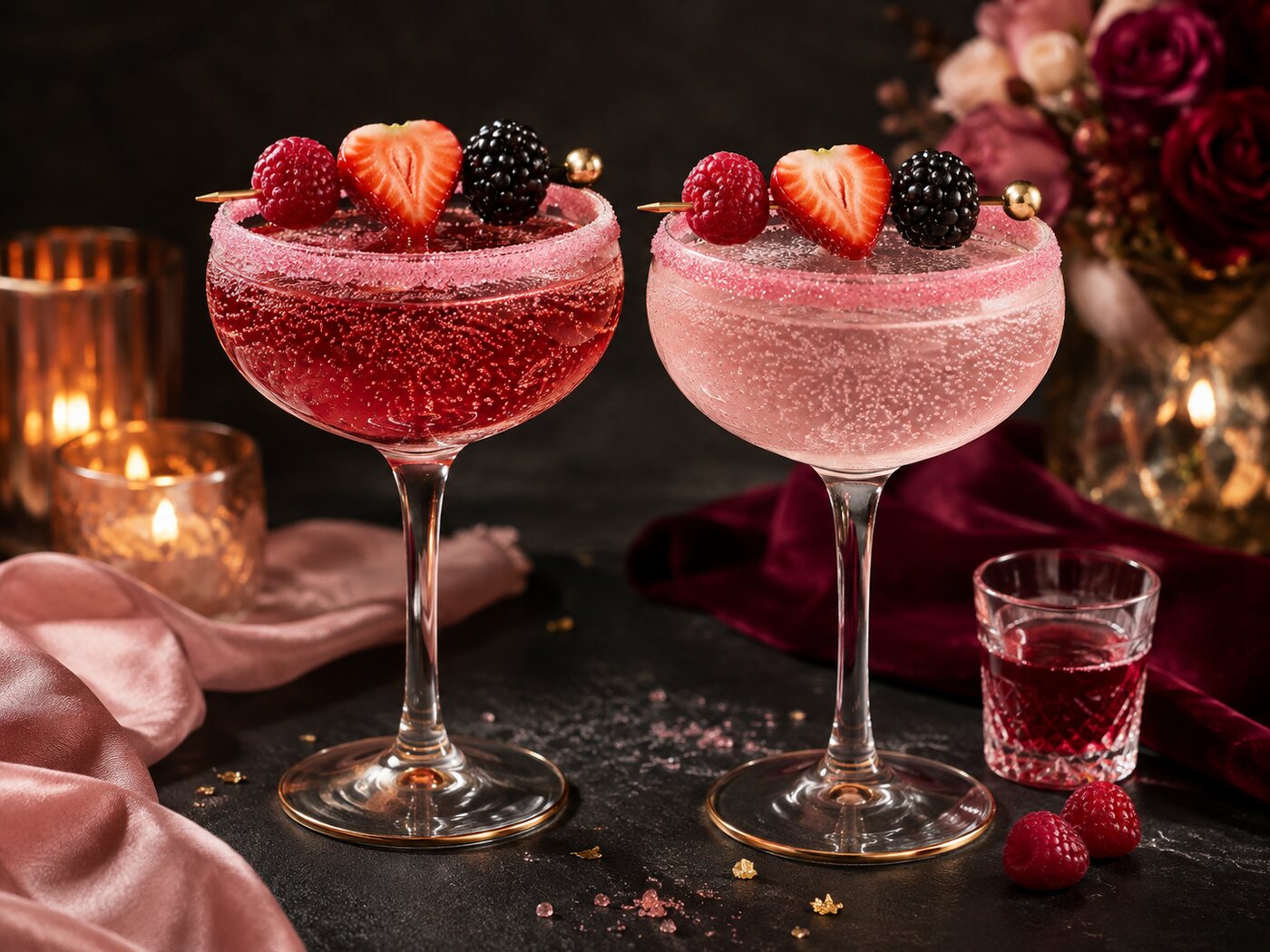 The cocktail and the mocktail side by side, one deeper red and one paler pink, garnished exactly the same.