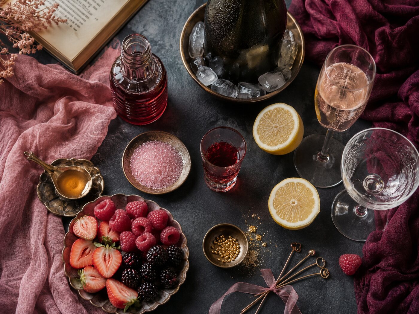 Everything you need: berry liqueur, lemons, pink sugar, honey, fresh berries, gold sugar pearls, chilled sparkling wine and cocktail picks.