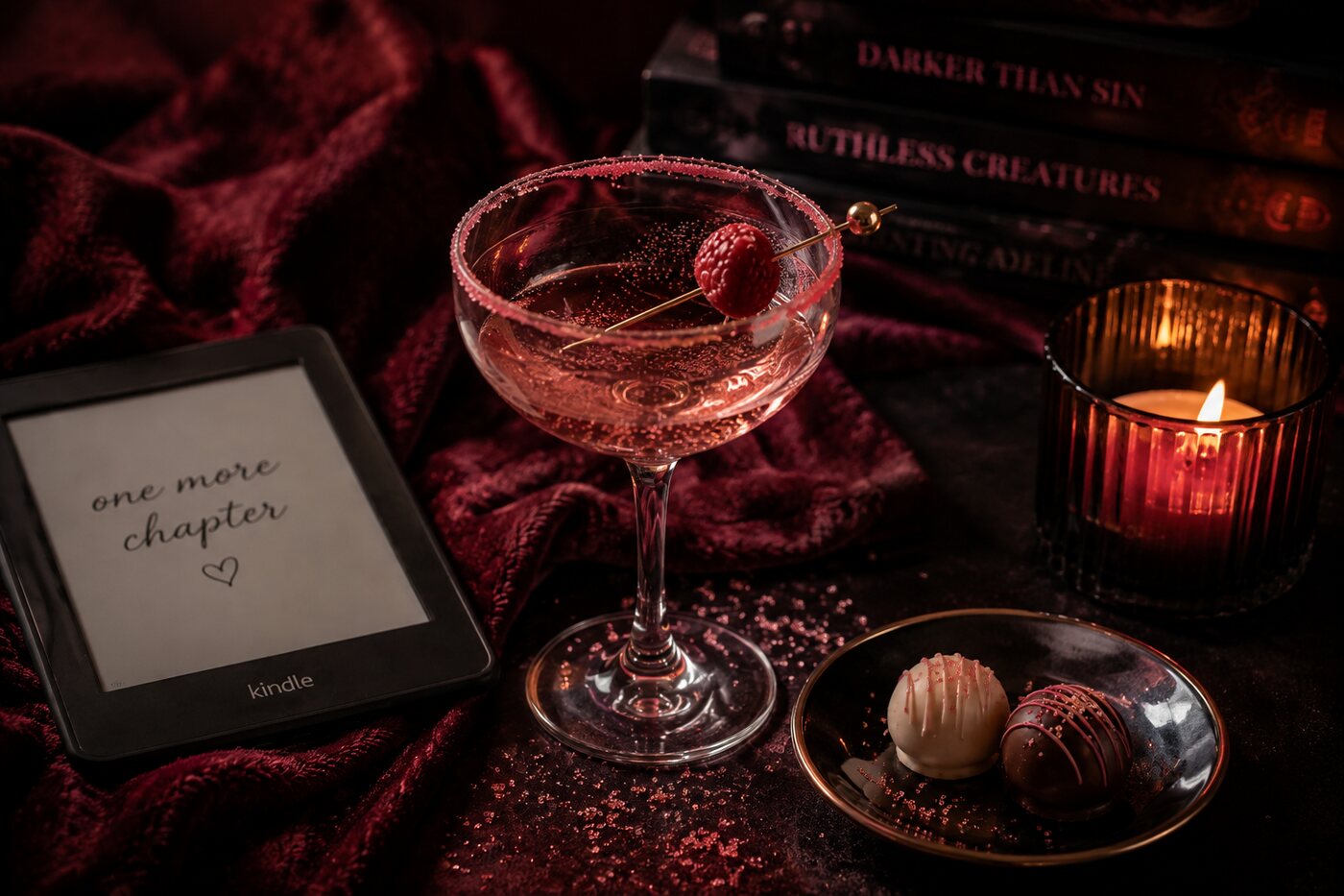 A single Sugar Fizz beside an e-reader, two truffles and a lit candle for a solo reading night.