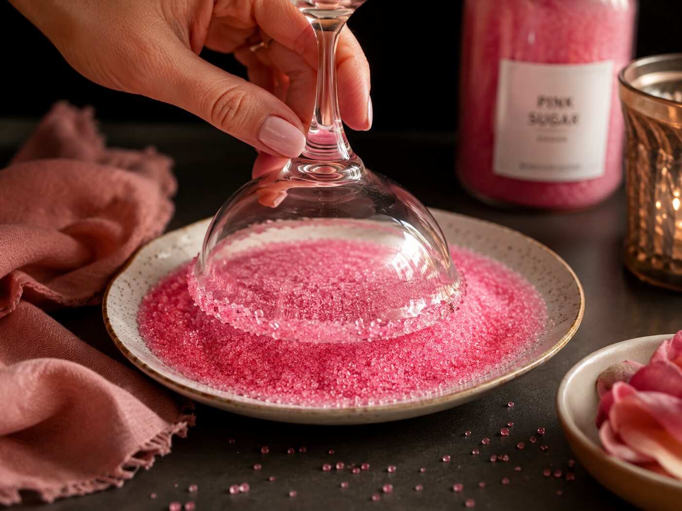A coupe glass turned upside down into a plate of pink sugar to set the rim.