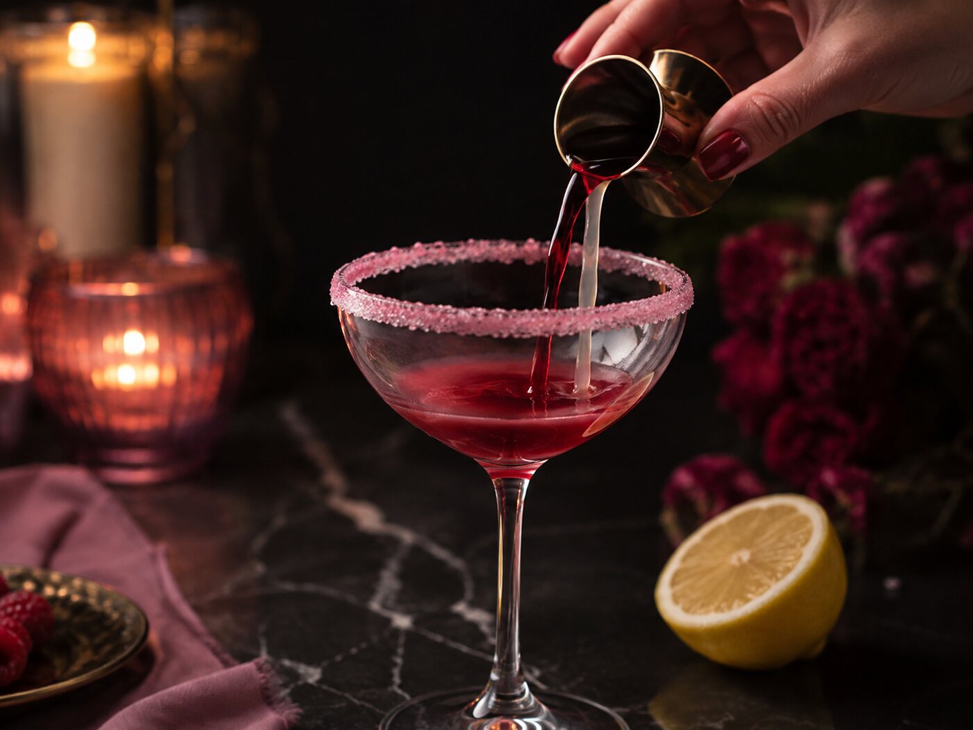 Berry liqueur being poured down the side of a sugar-rimmed coupe so the rim stays intact.