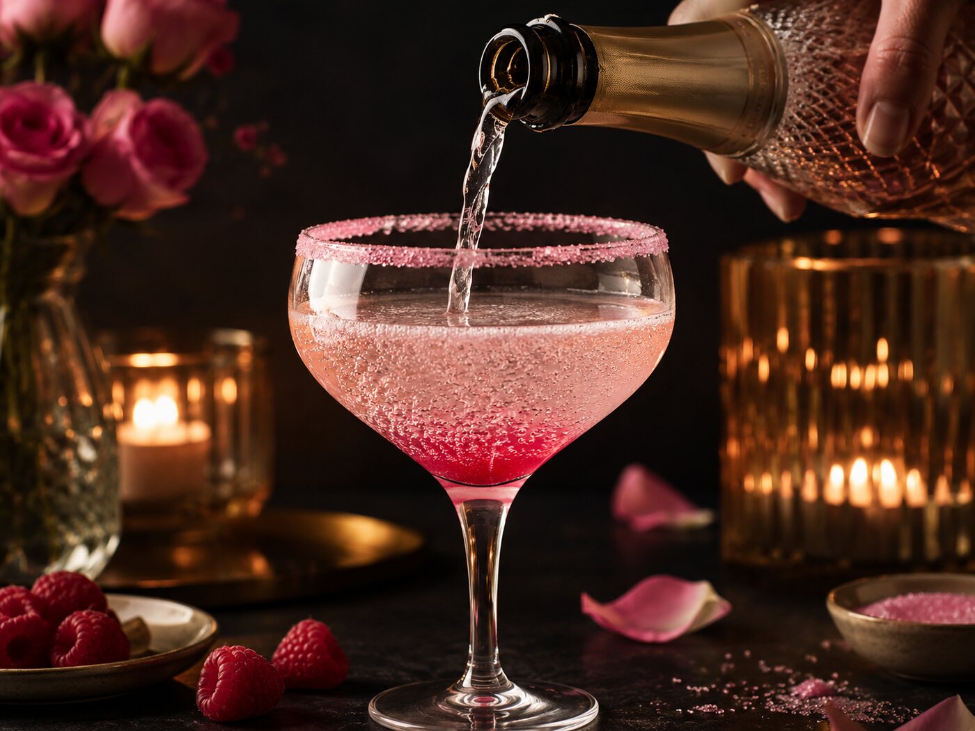Chilled sparkling wine topping up the glass, turning the drink pale pink and fizzing.