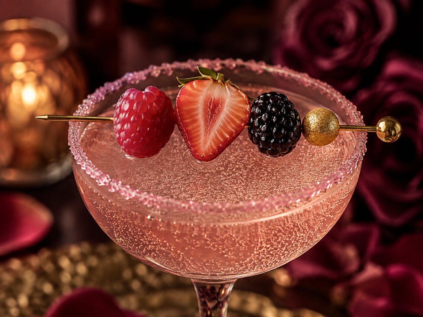 A cocktail pick of raspberry, strawberry half, blackberry and a gold sugar pearl laid across the rim.
