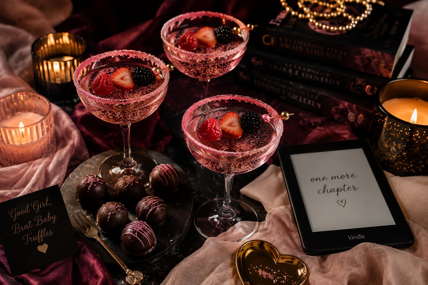 Baby Girl Sugar Fizz coupes beside a plate of Good Girl, Brat Baby truffles and a stack of dark romance books