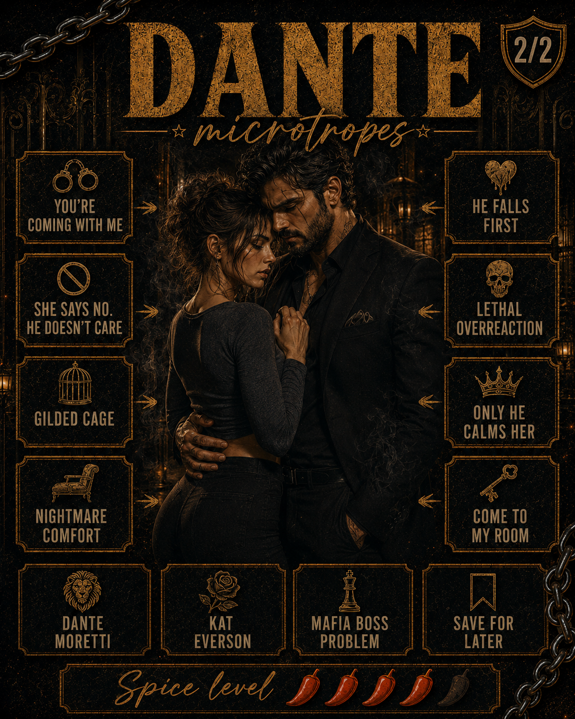 Dante microtropes: you're coming with me, she says no he doesn't care, gilded cage, nightmare comfort, he falls first, lethal overreaction, only he calms her, come to my room