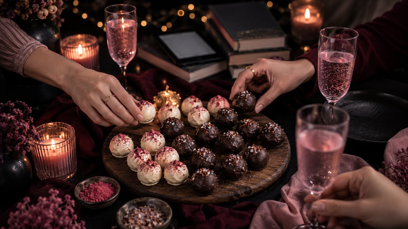 Hands reaching across a board of truffles at book club, sparkling glasses in hand.