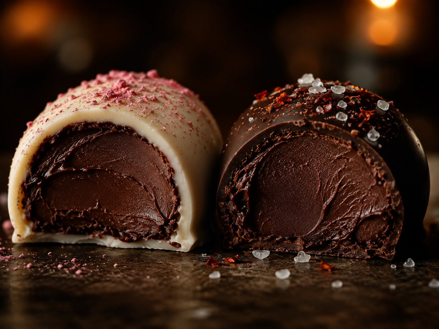 A cut through both truffles showing the soft dark ganache centre inside each coating.