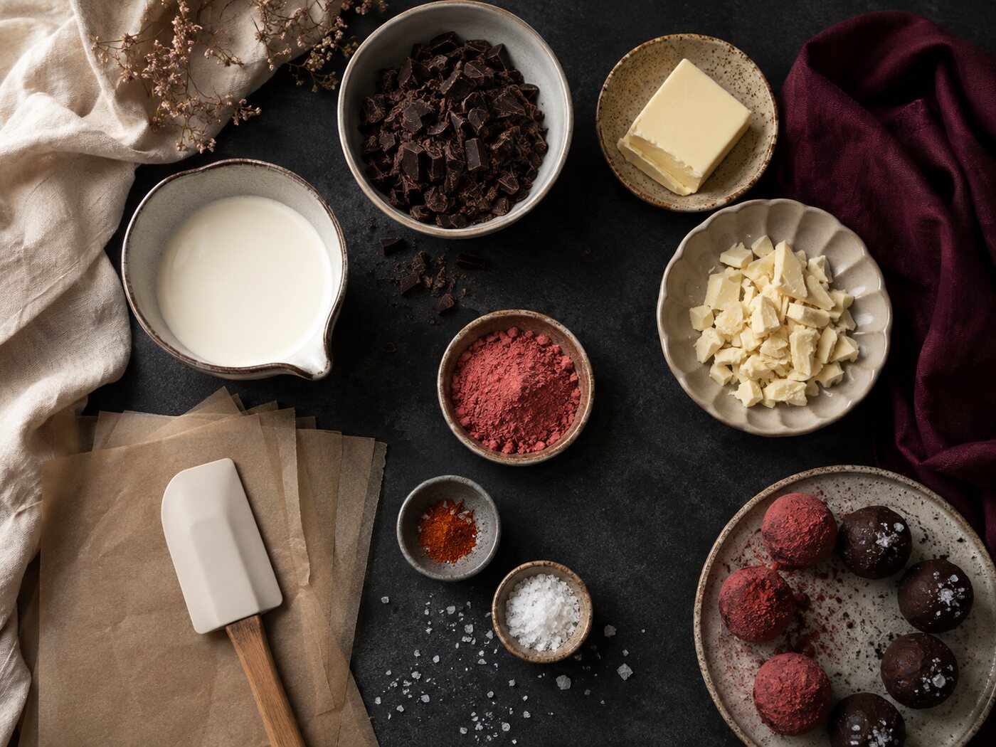 Everything you need laid out: dark chocolate, cream, butter, white chocolate, freeze-dried strawberry powder, cayenne and flaky salt.