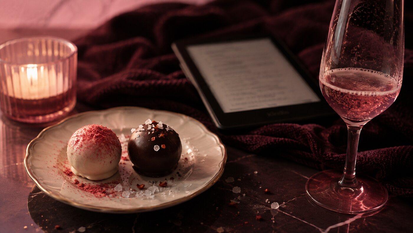Two truffles on a scalloped plate beside an e-reader, a pink sparkling cocktail and a lit candle.