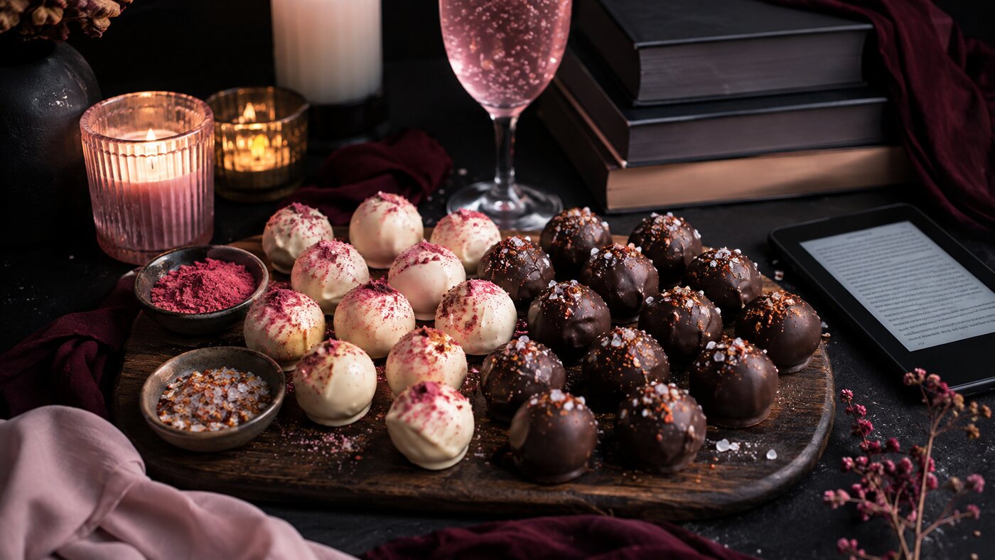 The full spread, truffles on a wooden board with a Sugar Fizz, candles and a stack of romance books.