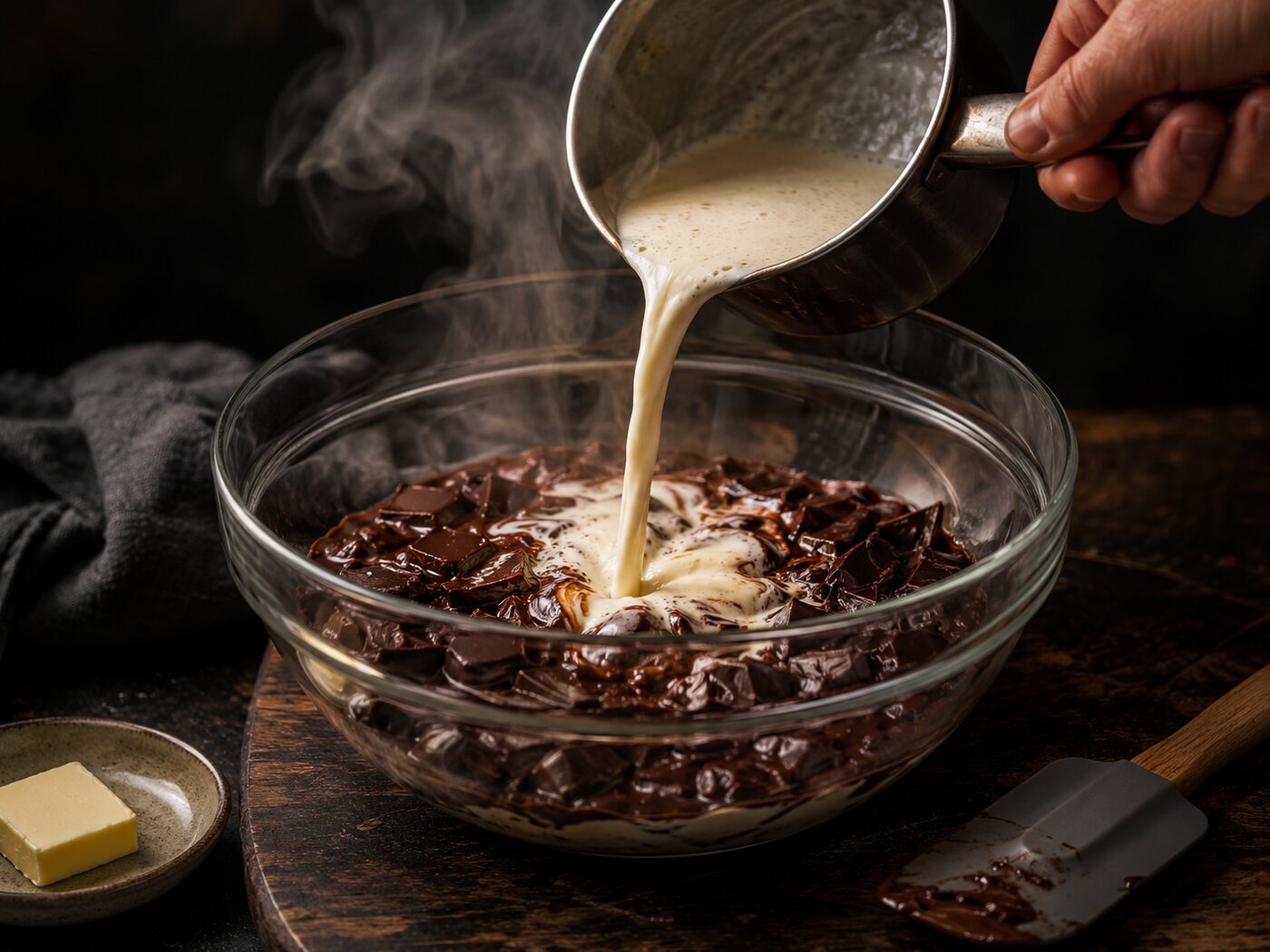 Hot cream being poured over chopped dark chocolate in a glass bowl.