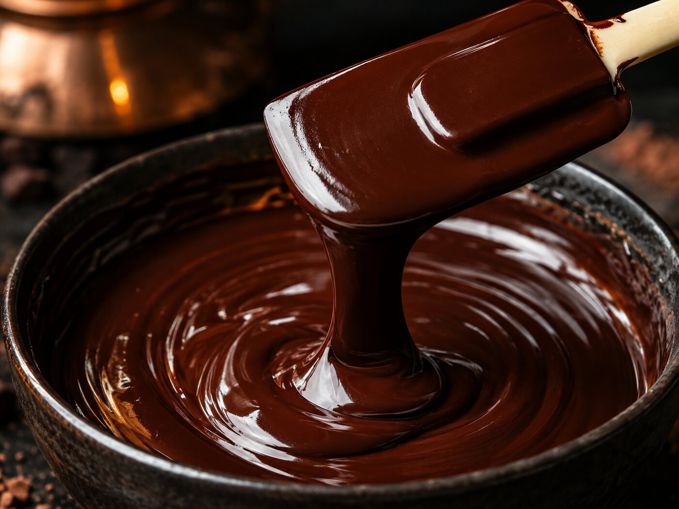 Glossy, fully smooth ganache falling from a spatula back into the bowl.