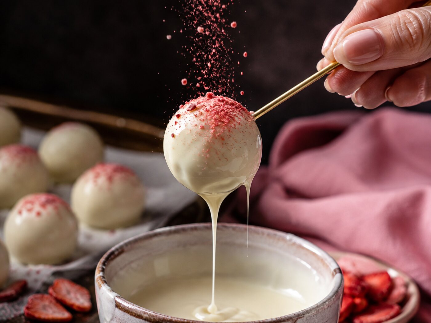 A white chocolate coated truffle being dusted with freeze-dried strawberry powder.