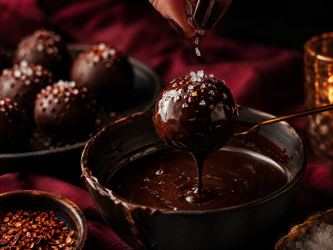 Flaky sea salt scattered over a truffle freshly dipped in cayenne spiked dark chocolate.